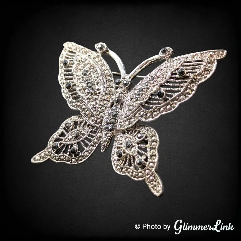 Vintage Black Rhinestone Faux Marcasite Butterfly Large Silver Plated Brooch